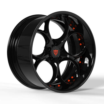 Custom forged deep lip wheel RV-DS016 in black finish with six spokes and orange accents, perfect for modern vehicles.